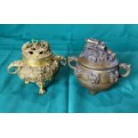 Two Oriental Censor Burners in bronze/brass - one with 9 dragons and holding green stone (Pearl of