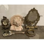 Five assorted items including German brass mantel clock and brass table top mirror,