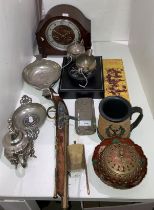 Fourteen assorted items - including Celtic pewter bowls, mahogany mantel clock, brass-ware,