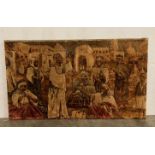 A vintage tapestry of an eastern scene depicting snake charmers,