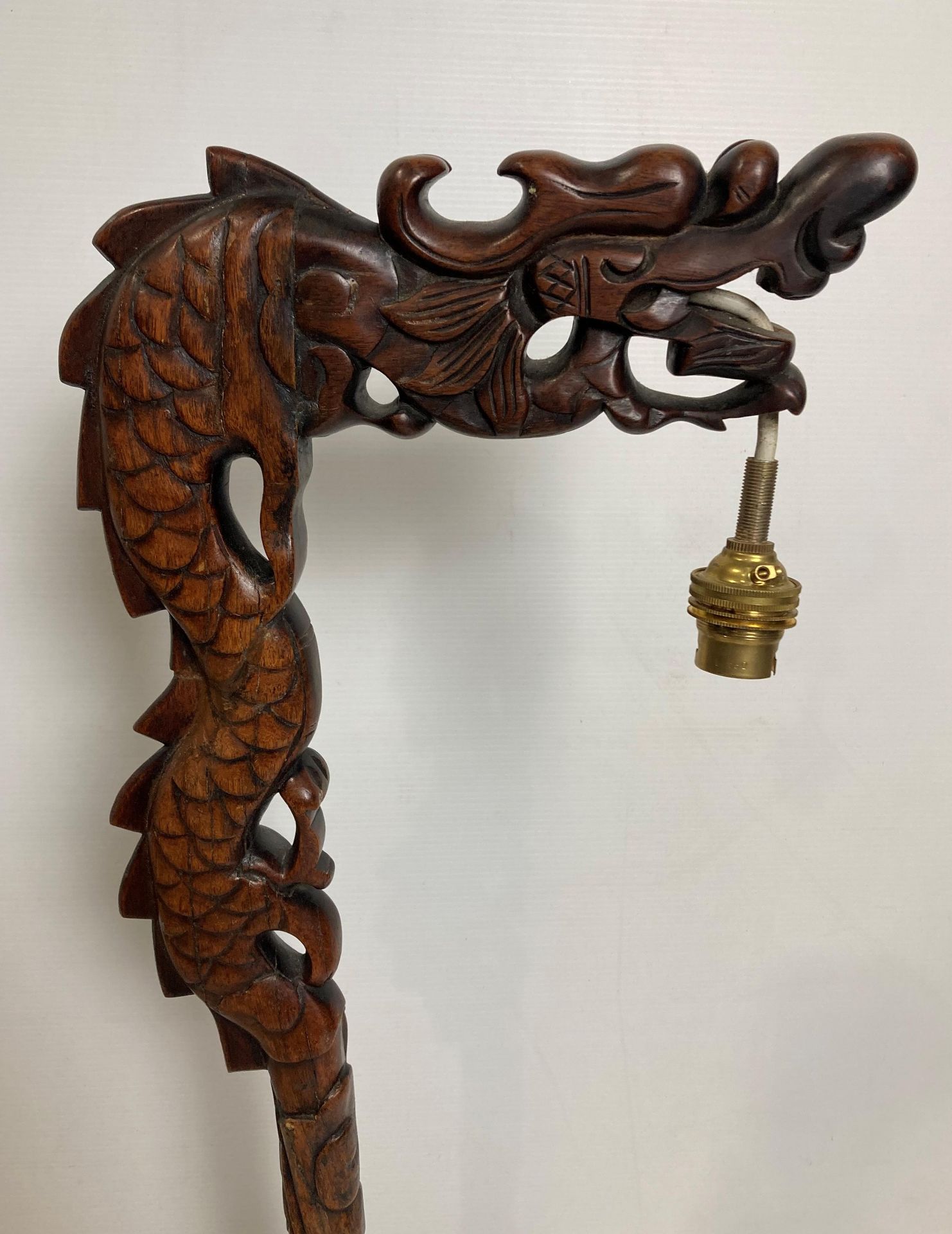 A wooden Oriental dragon hand-carved table lamp (no test, illegal flex cut off - no shade), - Image 2 of 6