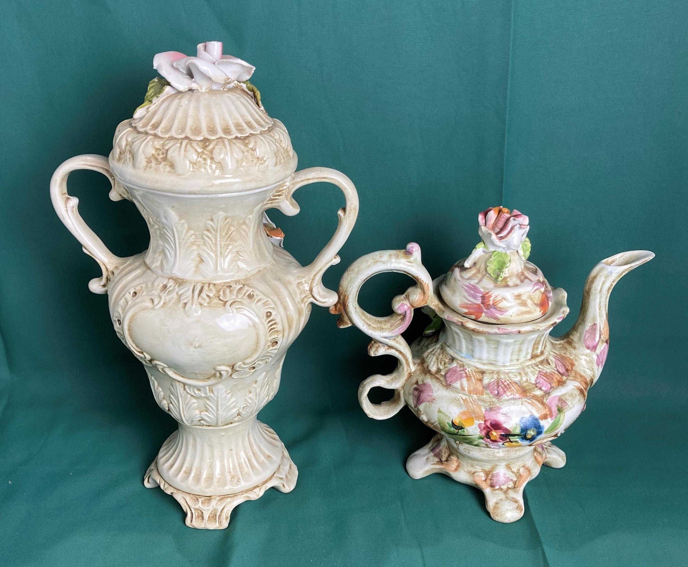 Italian Capodimonte vase (29cm high) with stamp to base and a Capodimonte-style teapot, - Image 2 of 3