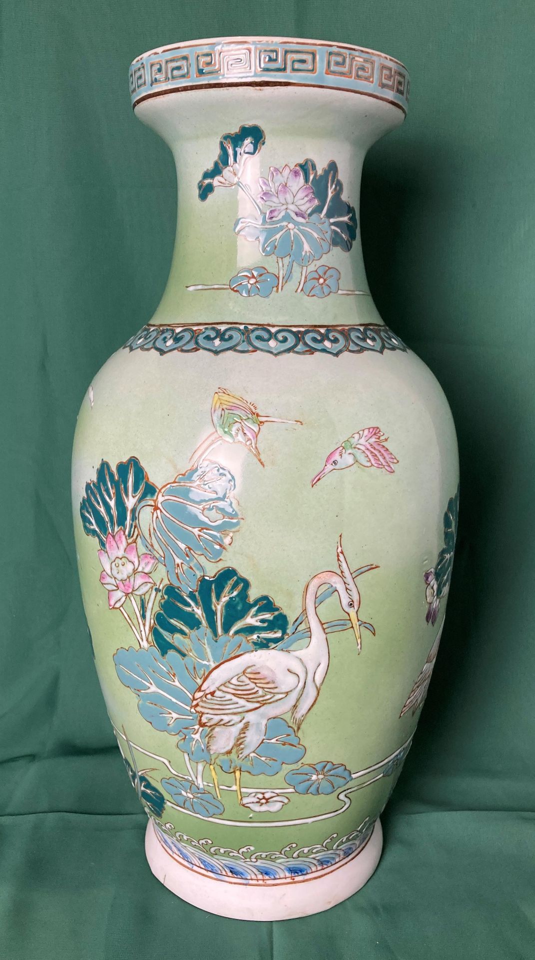 Large Oriental ceramic vase (46cm high) with cranes and birds in pond (saleroom location: S1)