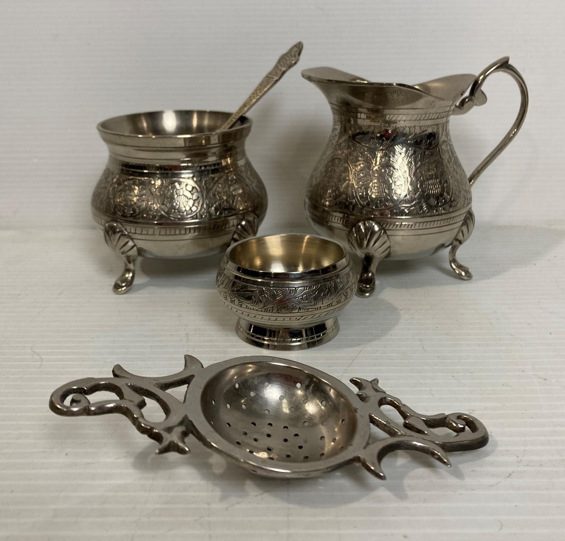 A six-piece Indian plated tea-service including tea pot, milk jug, sugar bowl, tray, - Image 3 of 4