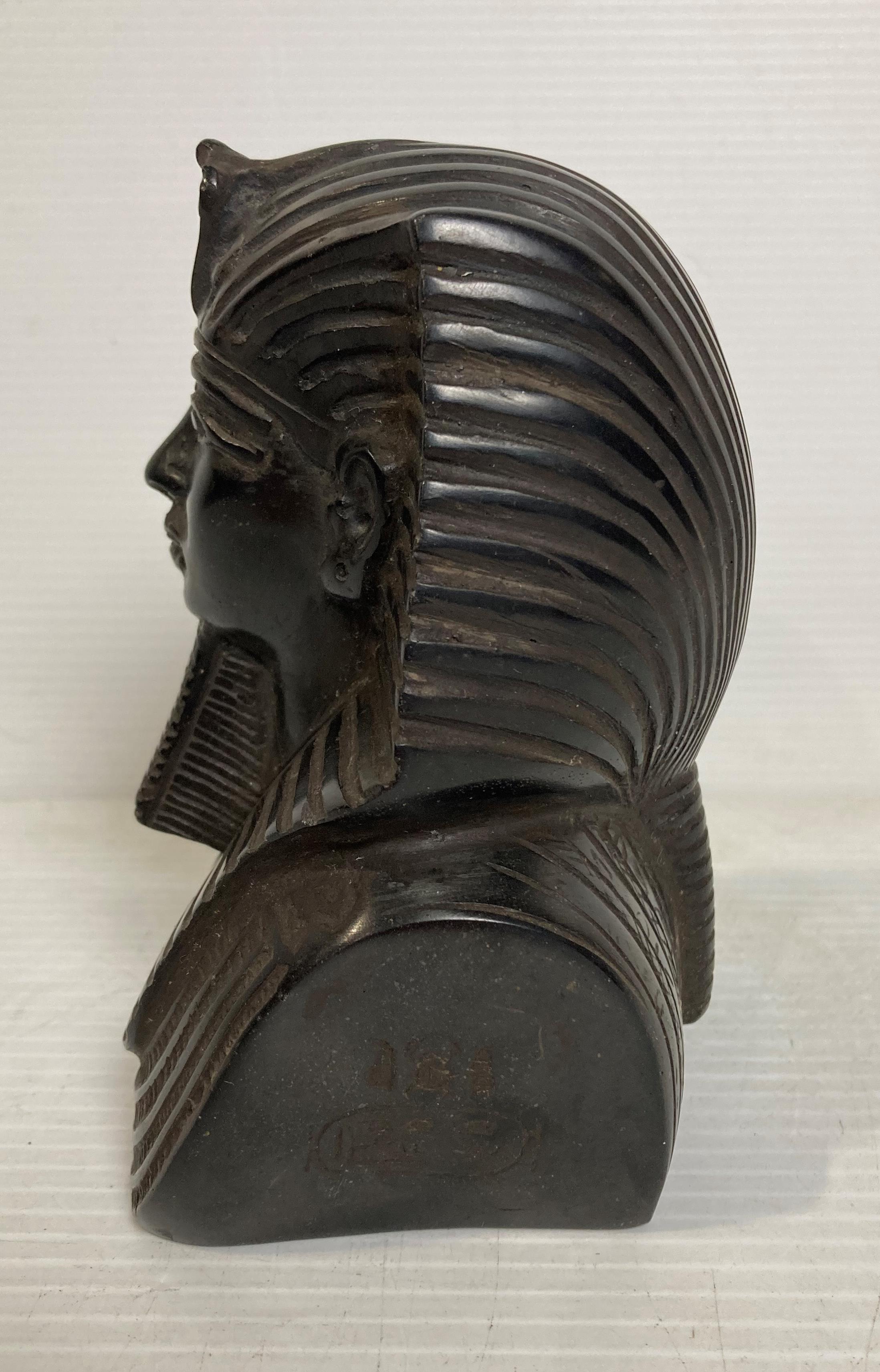 An Egyptian Pharaoh bust in polished blacks stone with hieroglyphics to each side, - Image 2 of 6