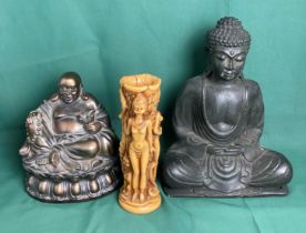 Two assorted Buddhas - meditating and laughing and an Asian resin vase (saleroom location: S1 QA07)