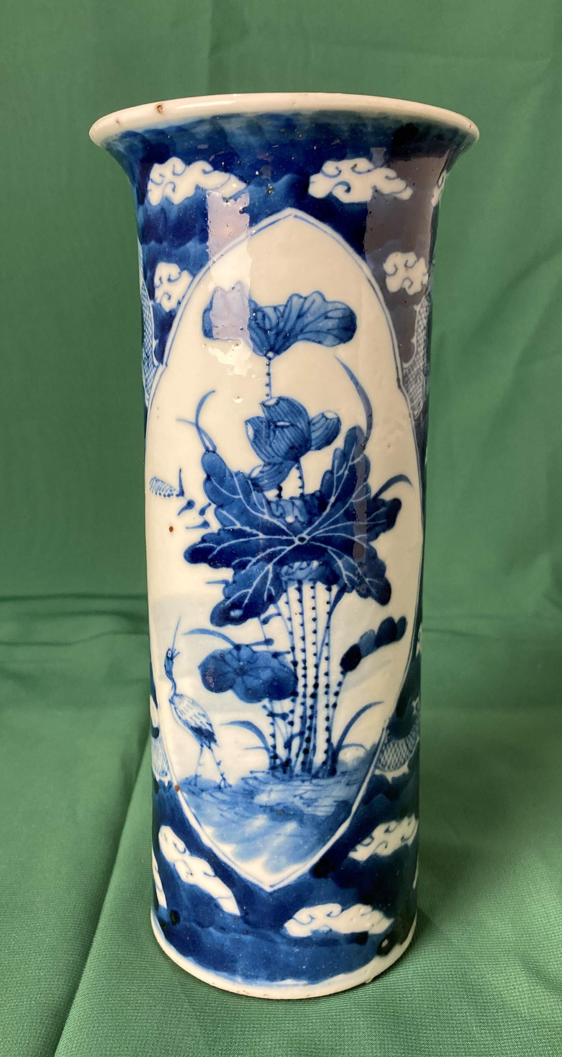 Oriental blue and white vase with dragon, crane and flower design (20.