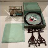 20th Century lacquered hardwood table screen with embroidered silk with pandas and a Chinese glass