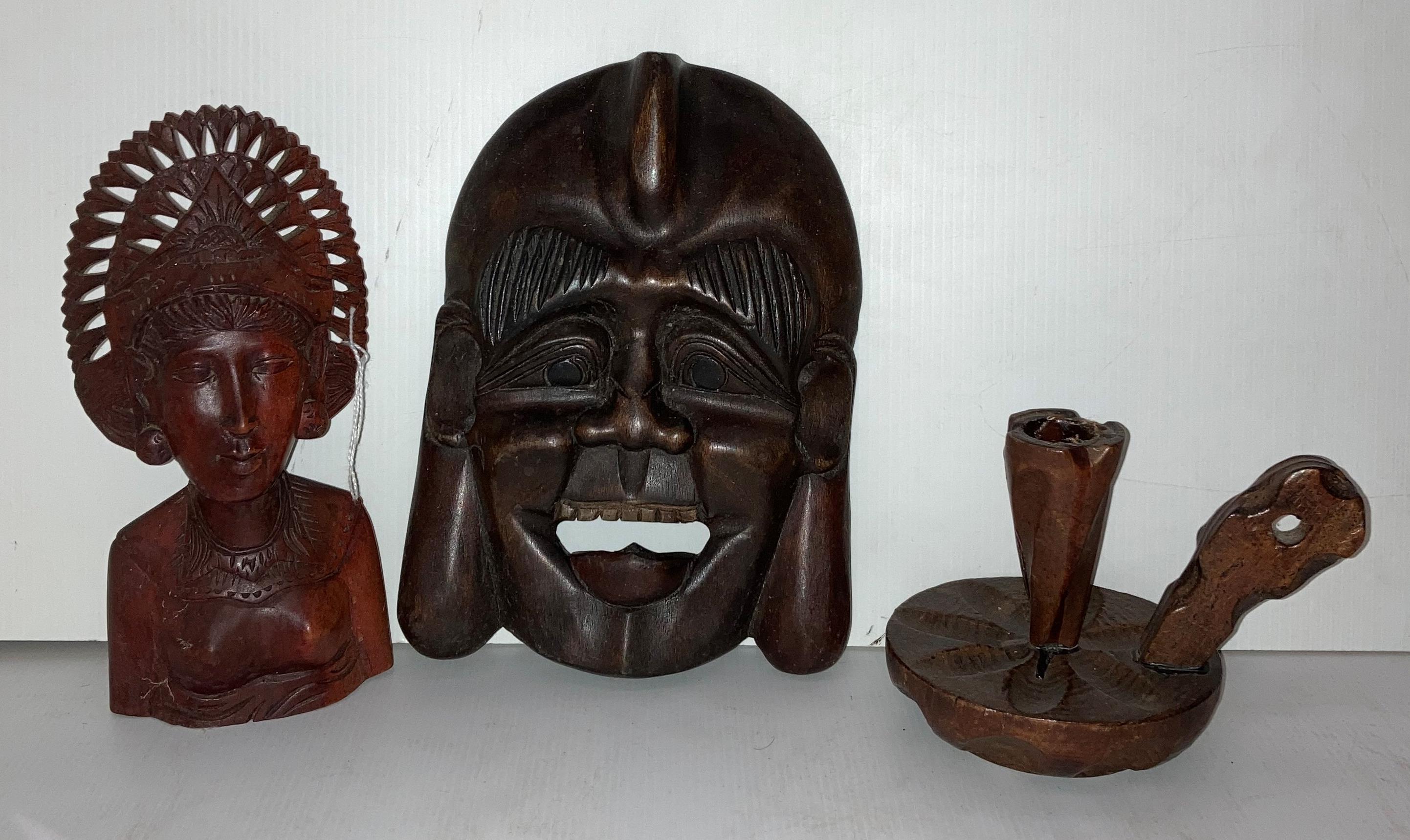 Three wooden hand-carved items including a woman in head dress from Bali,