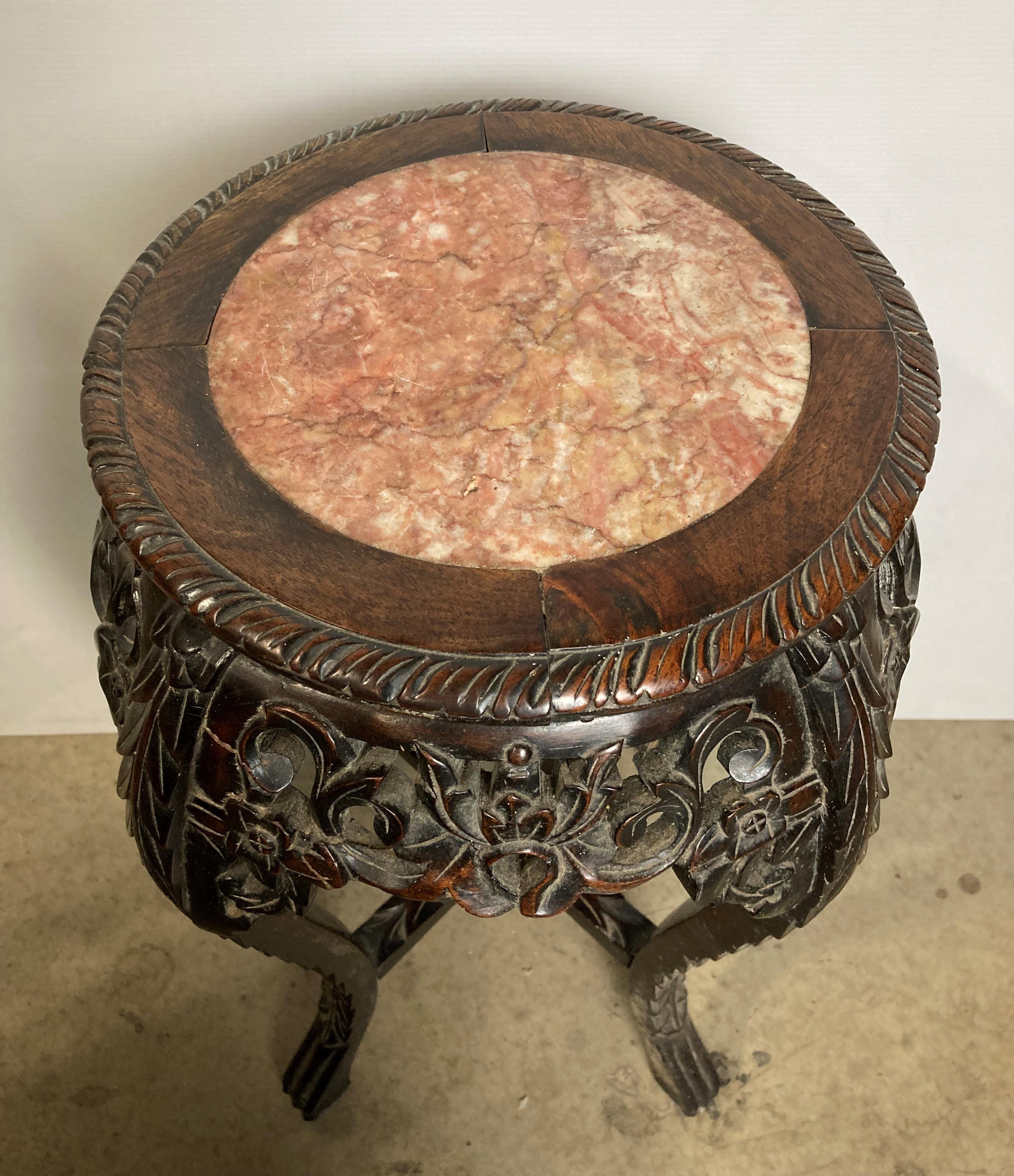 Wooden hand-carved Oriental marble-topped plant stand/jardiniere with carved lotus flowers etc and - Image 2 of 5