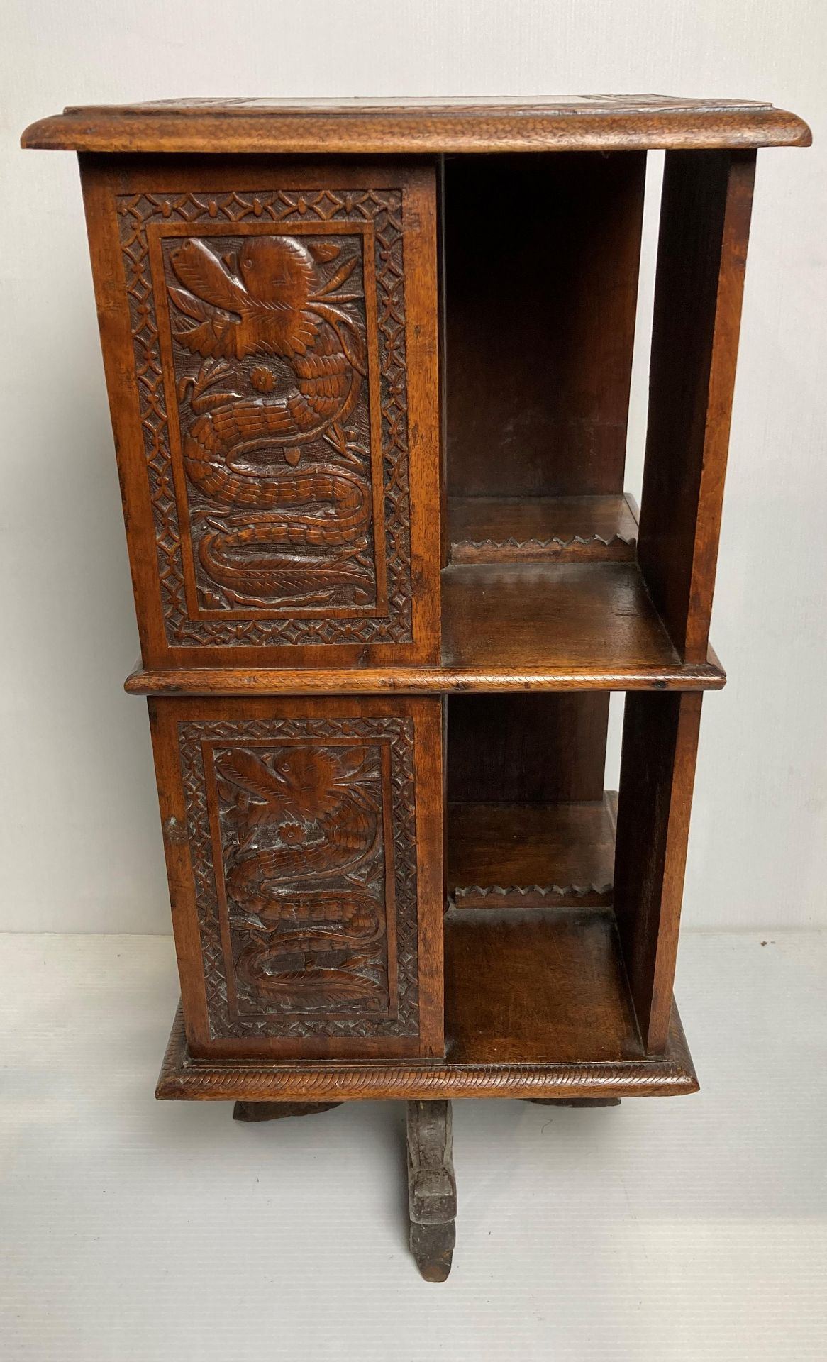 A Oriental wooden hand-carved revolving bookcase with dragons to panels and four dragon feet, - Image 2 of 10