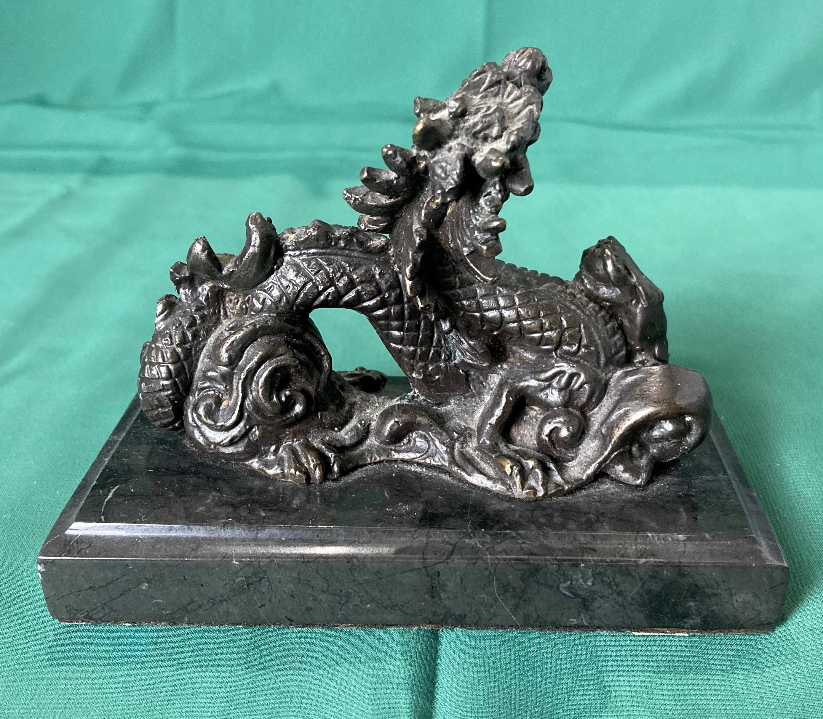 Bronze dragon sculpture on black marble base, 10cm high x 13. - Image 2 of 4