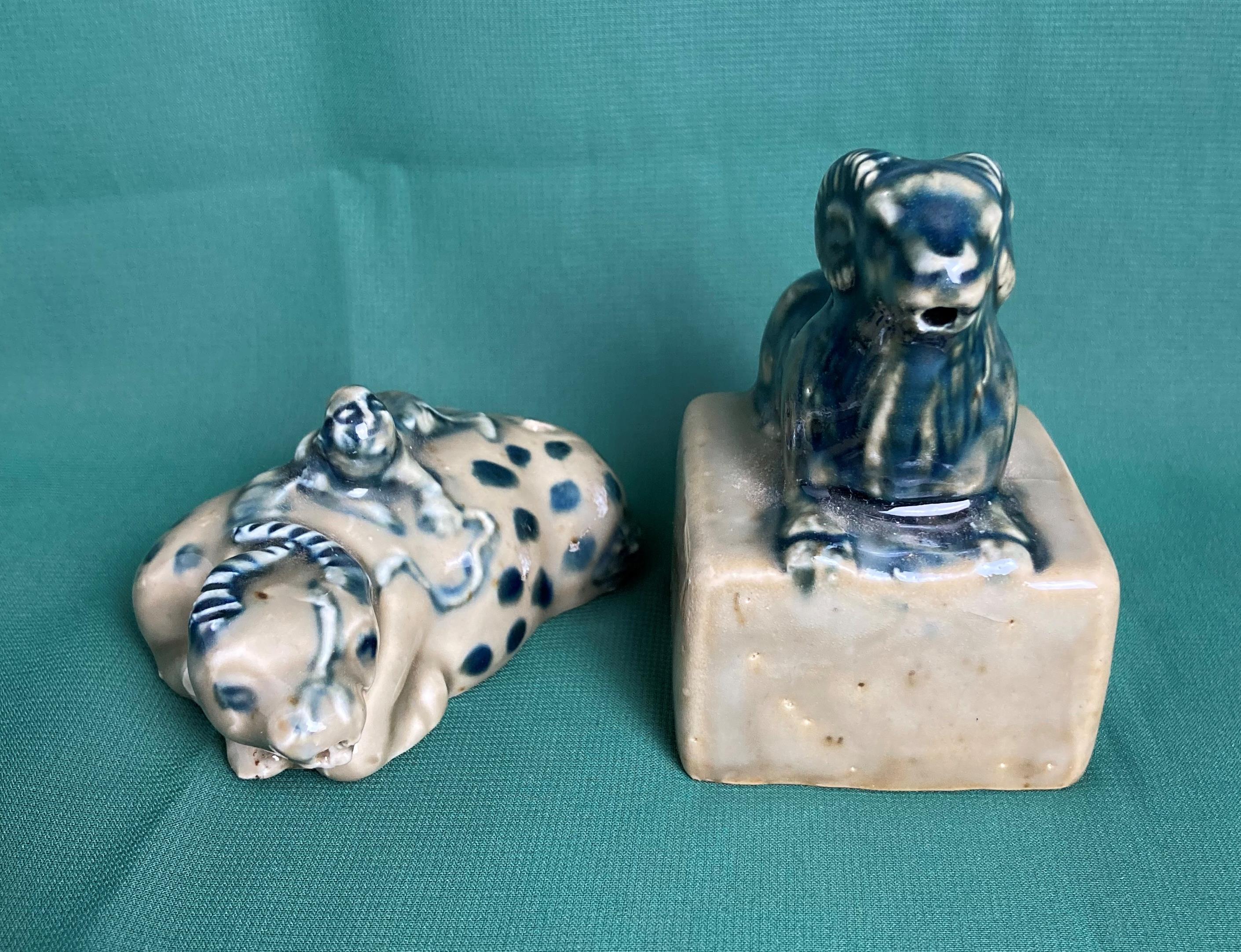 Two antique ceramic oriental 'Suiteki' water droppers including a ram on block with stamp to base - Image 3 of 5