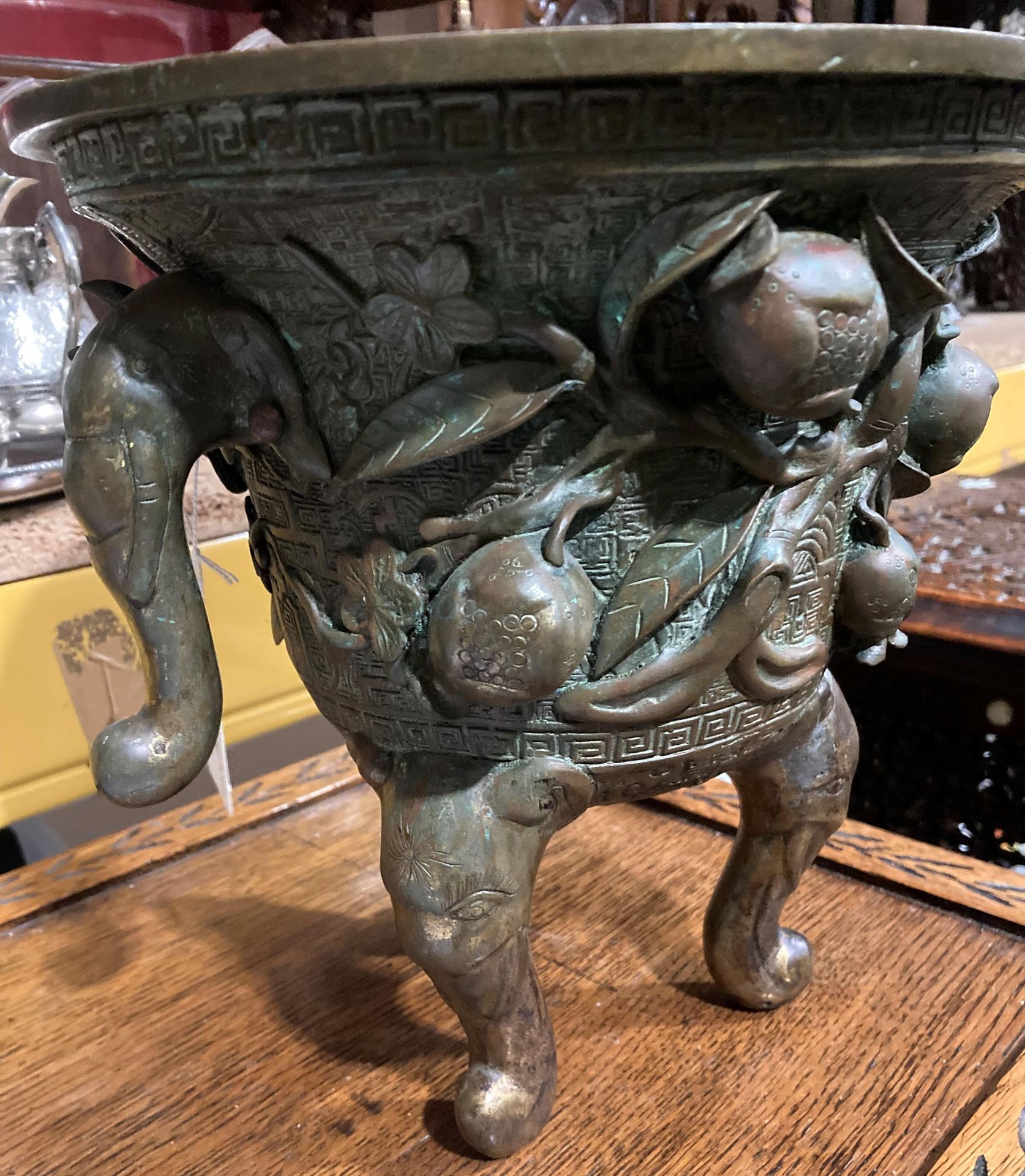 An Oriental bronze incense burner with elephant head legs and two elephant head handles with - Image 11 of 21