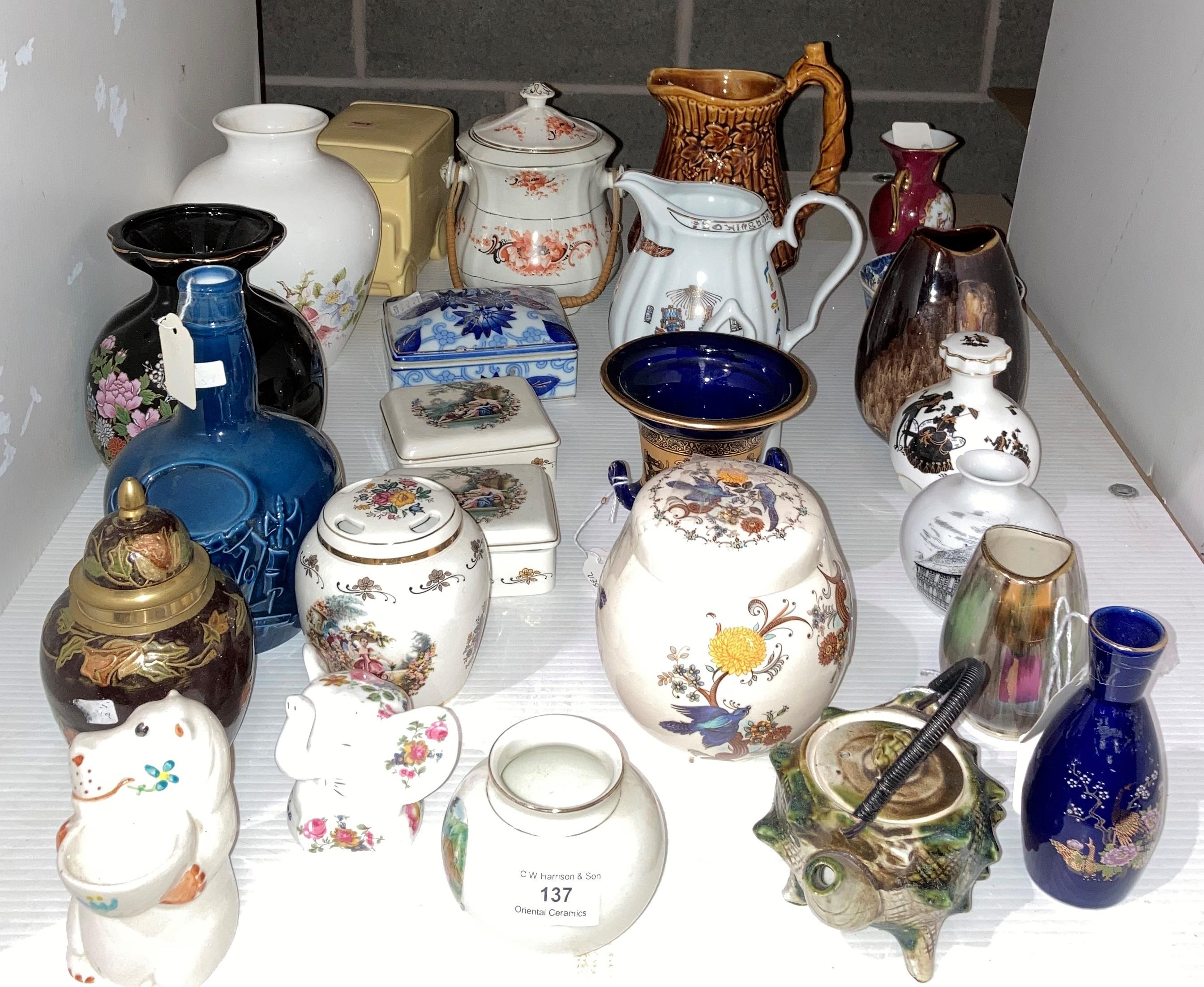 Contents to part of rack - twenty-six assorted ceramic items - including jugs, ginger jar, vase,