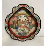 A Chinese porcelain dish depicting six Geisha girls with offerings and Chinese writing to side,