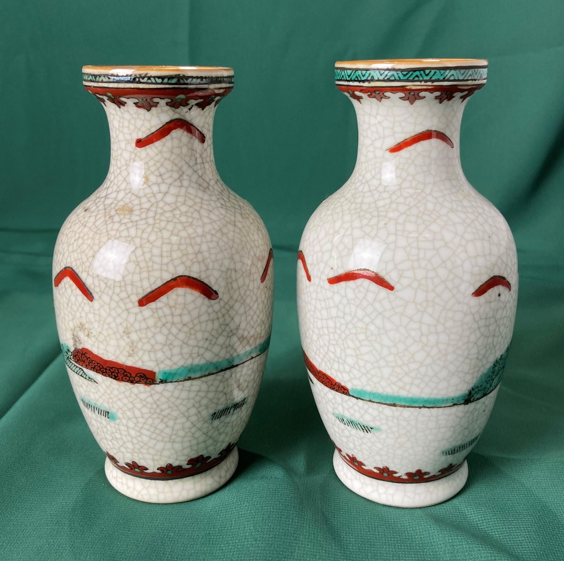 A pair of Oriental vases decorated with fighting warriors in a crackle glaze and stamp to base, - Image 5 of 6