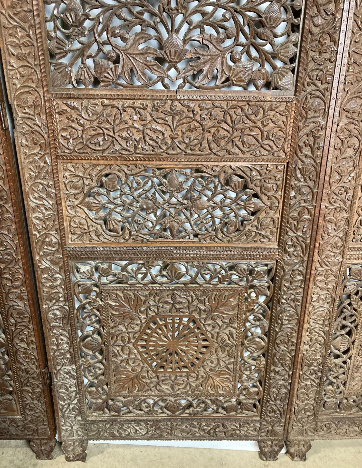 An Asian wooden hand-carved three-panel display screen with detailed peacock to each panel and - Image 8 of 13