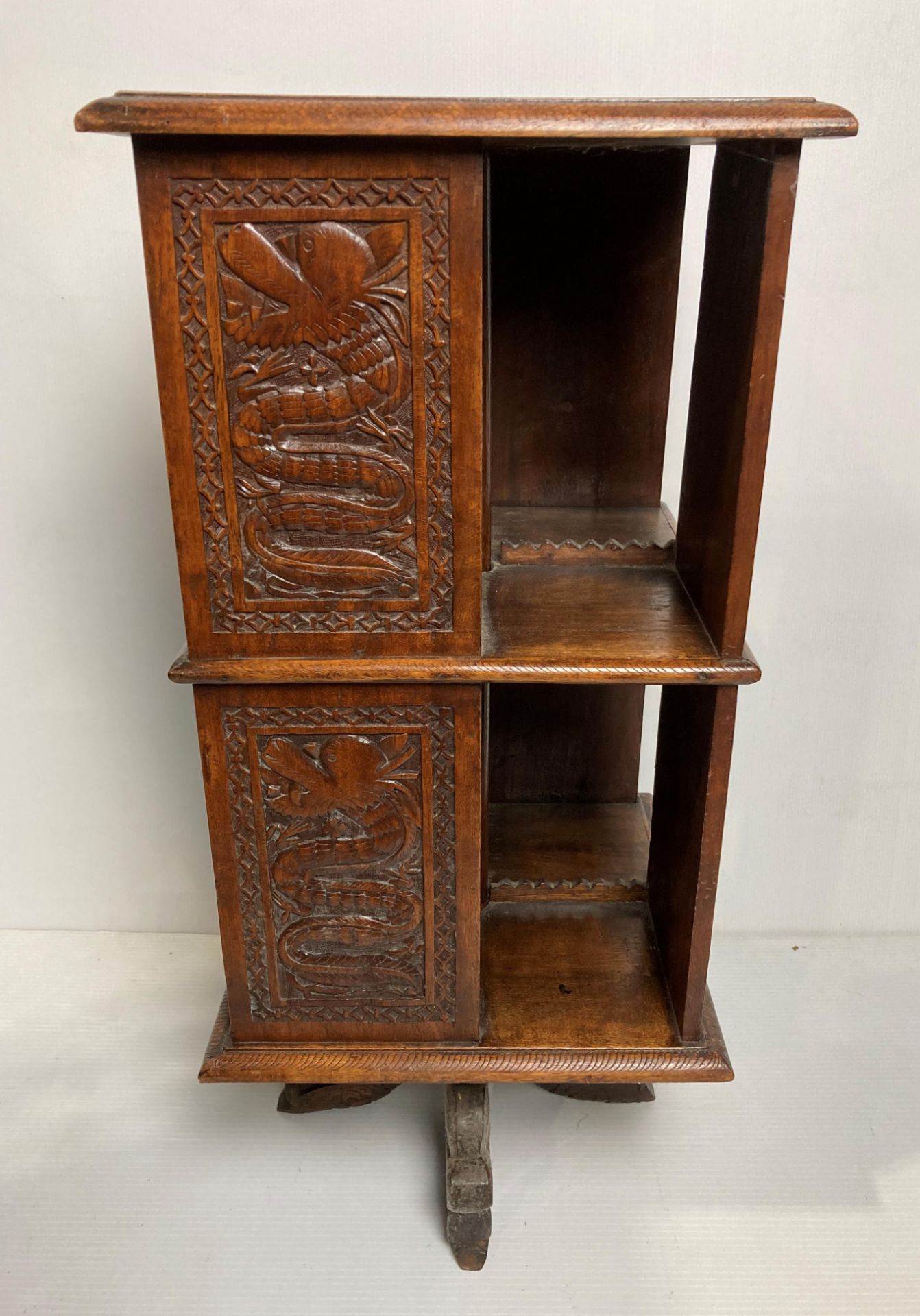 A Oriental wooden hand-carved revolving bookcase with dragons to panels and four dragon feet, - Image 4 of 10