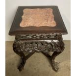 Oriental hand-carved square marble-top side table/jardiniere stand with hand-carved floral design,