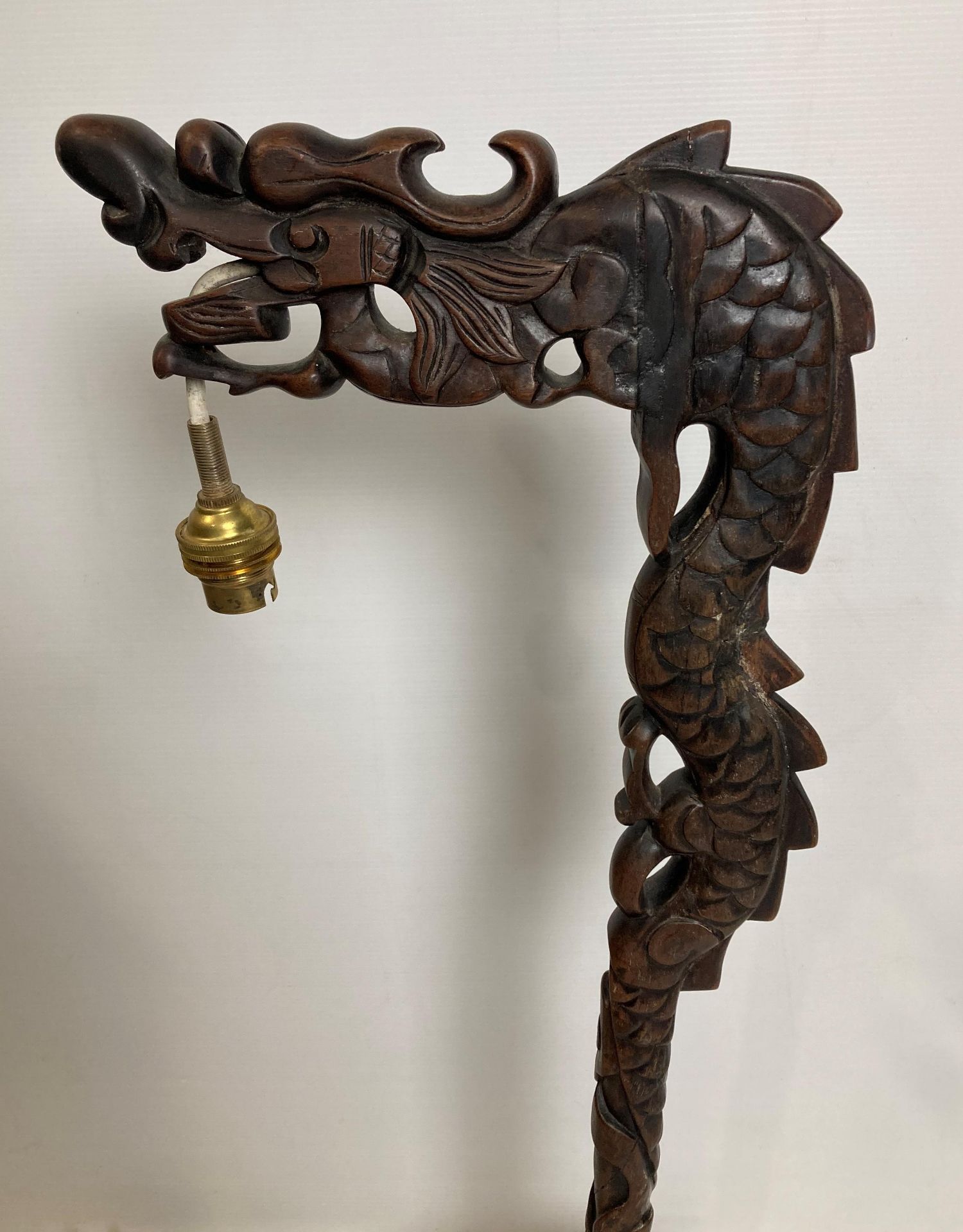 A wooden Oriental dragon hand-carved table lamp (no test, illegal flex cut off - no shade), - Image 4 of 6