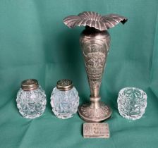 Oriental silver coloured metal (not tested) trumpet vase (13.