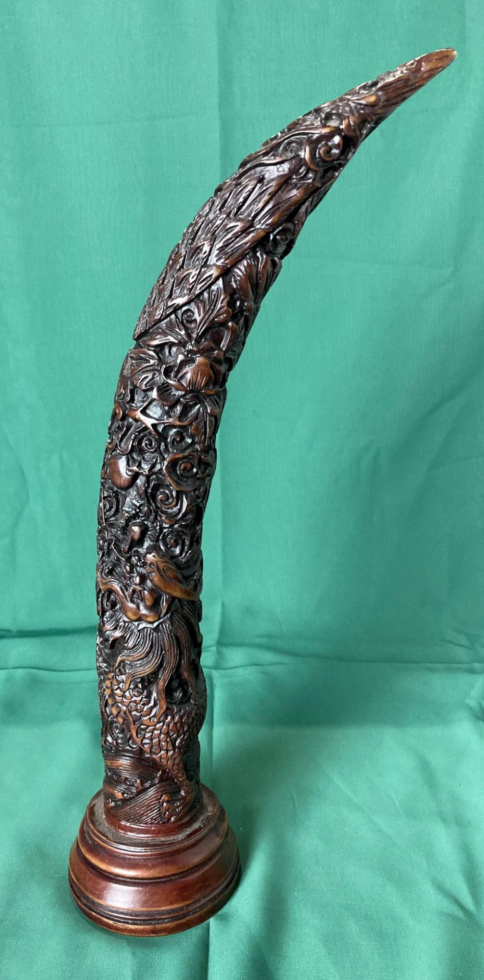 Brown resin Oriental horn/tusk on stand with dragon climbing tree (saleroom location: S1)