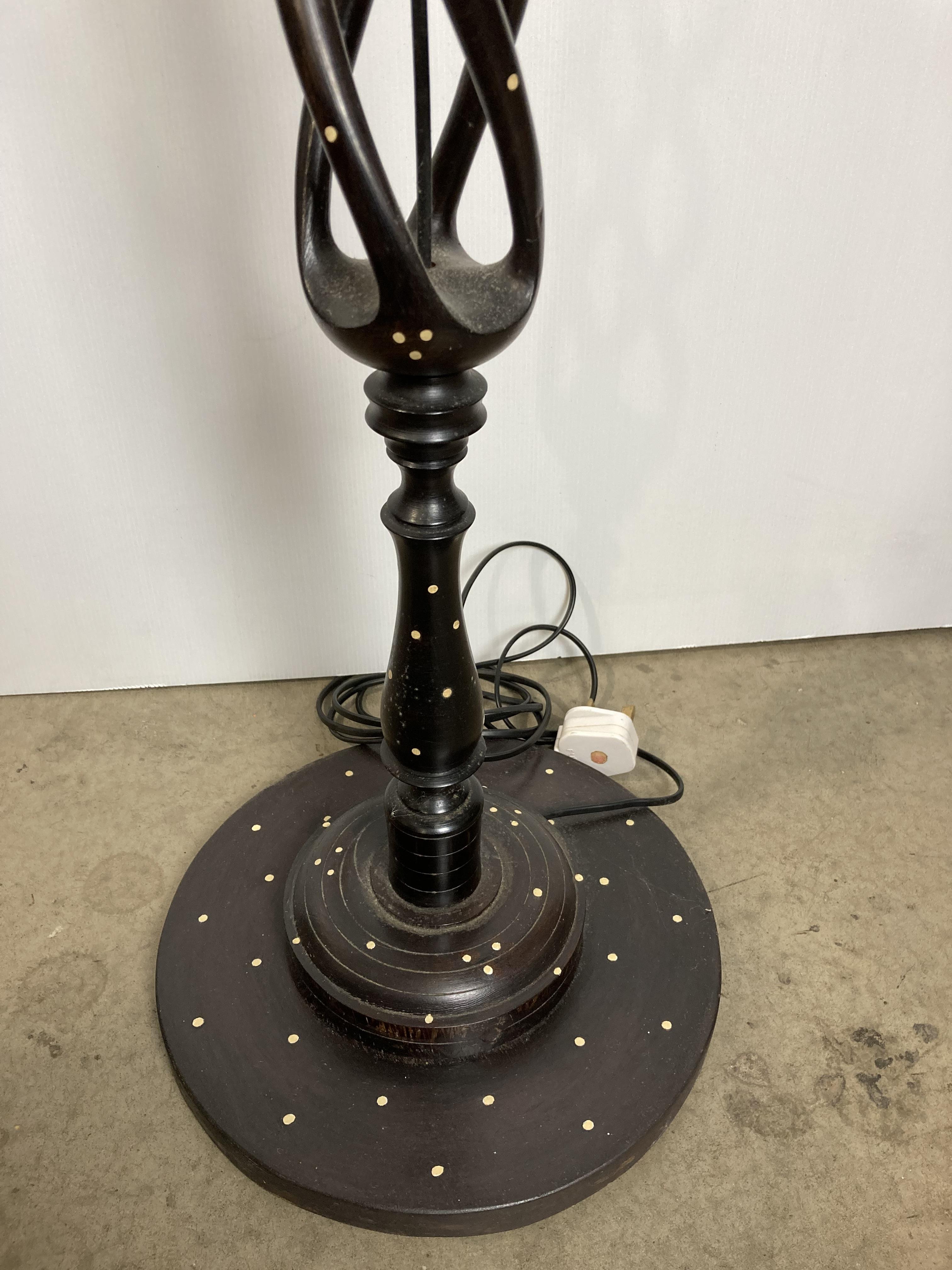 Beautiful ebony wooden turned standard lamp with four-stem twisted column inlaid with white spots - Image 2 of 4