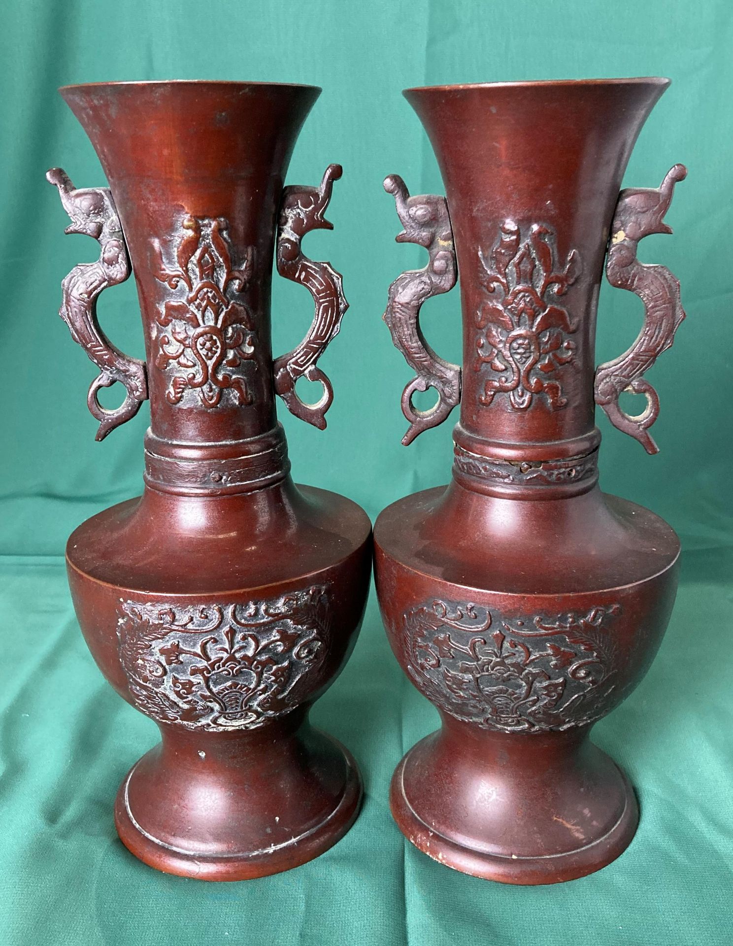 A pair of bronze vases with dragon handles and dragon and foliage design (26cm high), - Image 2 of 5