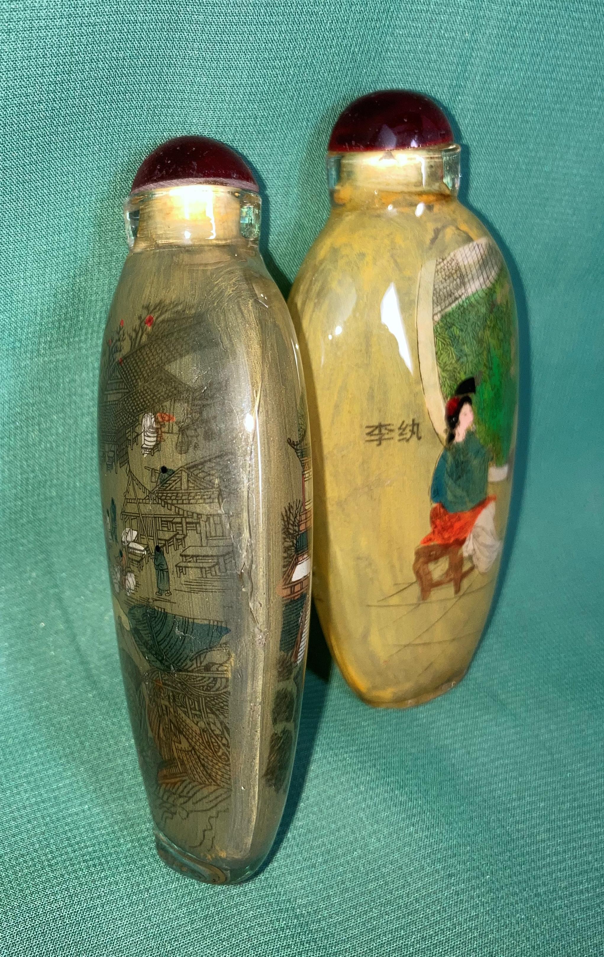 Two glass internal hand-painted snuff bottles, each 9. - Image 3 of 6