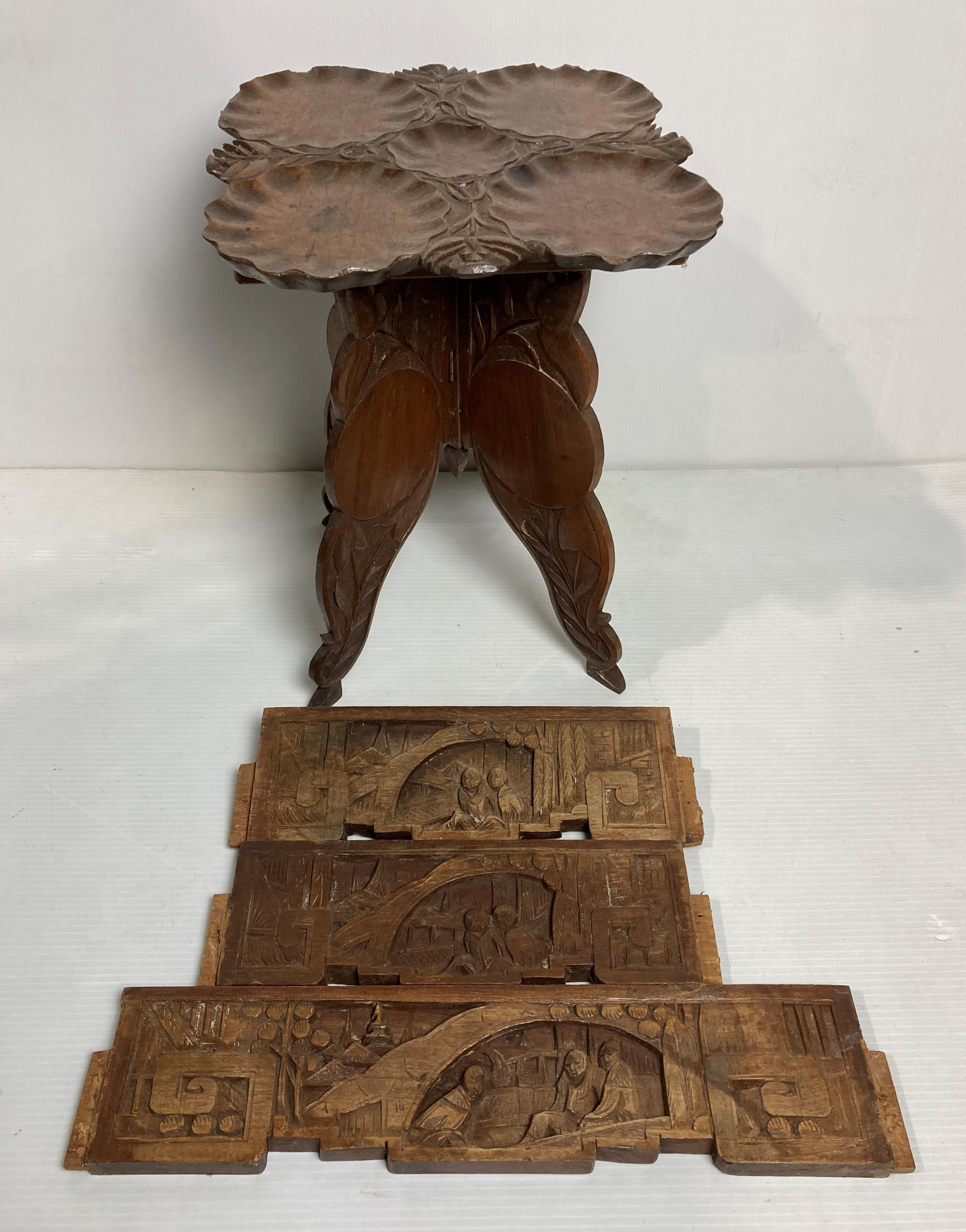 Anglo Indian carved folding table with lotus leaf-top (30cm x 30cm top - 40cm high) and three