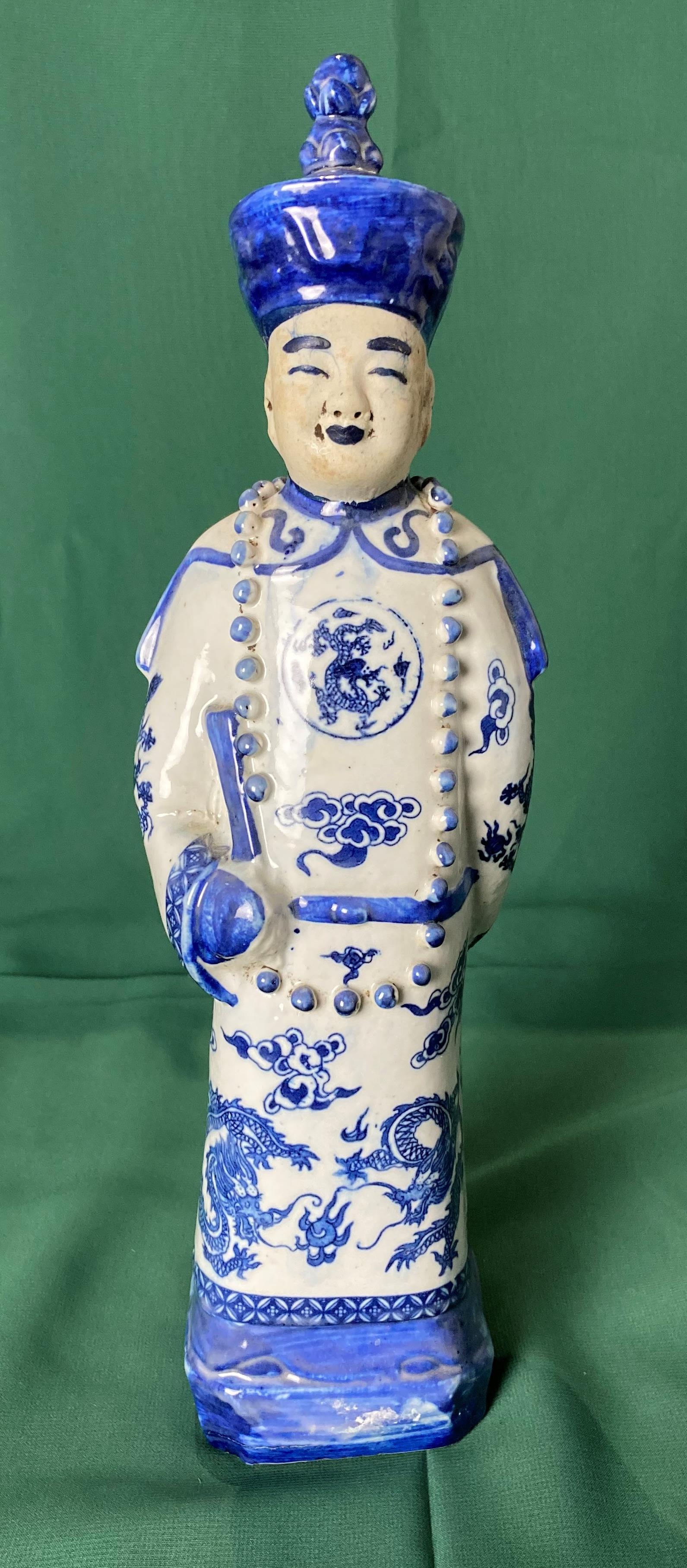 Set of three Chinese Emperors in blue and white ceramic with dragons (each 29cm high) with stamp to - Image 3 of 6