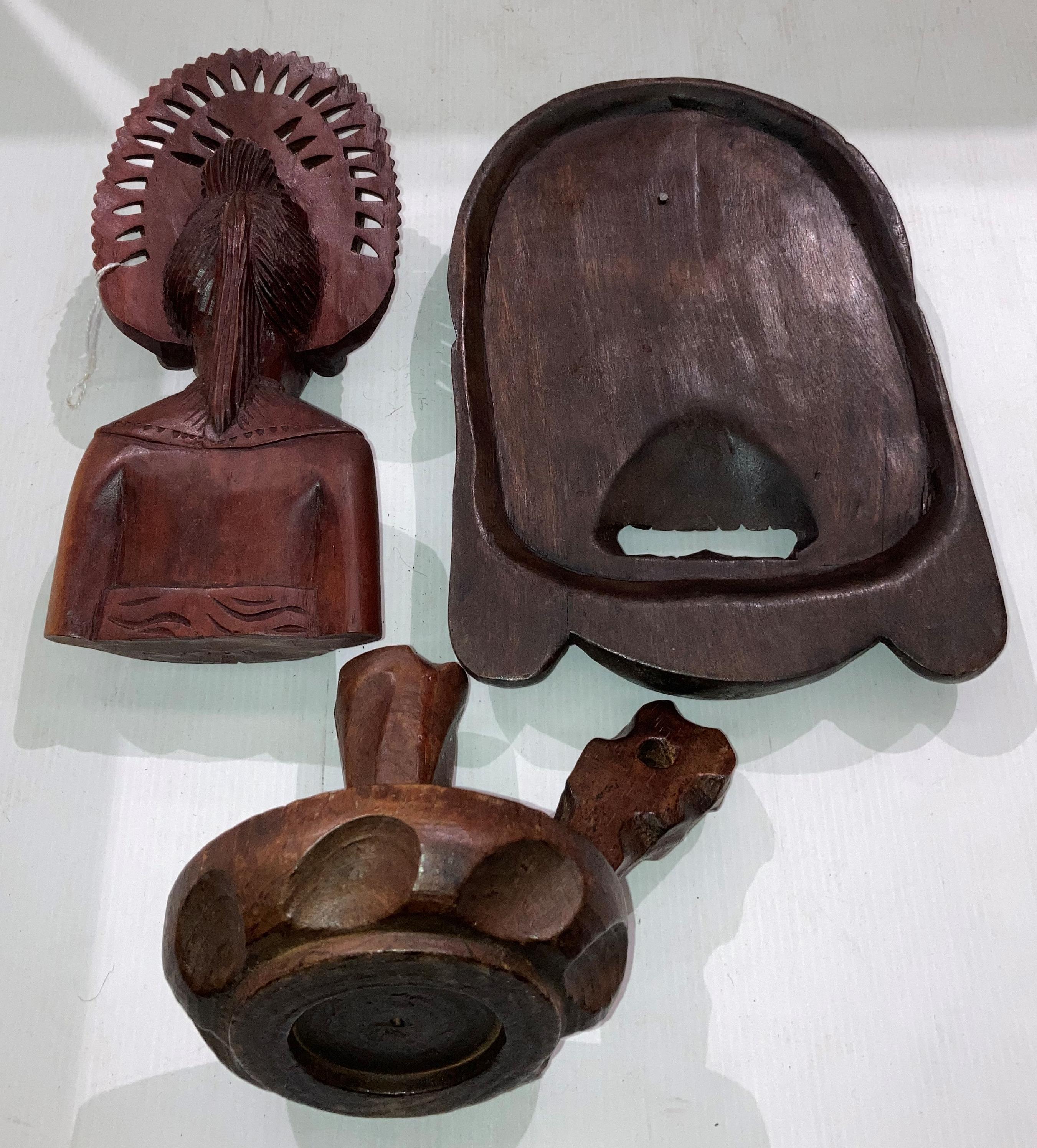 Three wooden hand-carved items including a woman in head dress from Bali, - Image 3 of 3