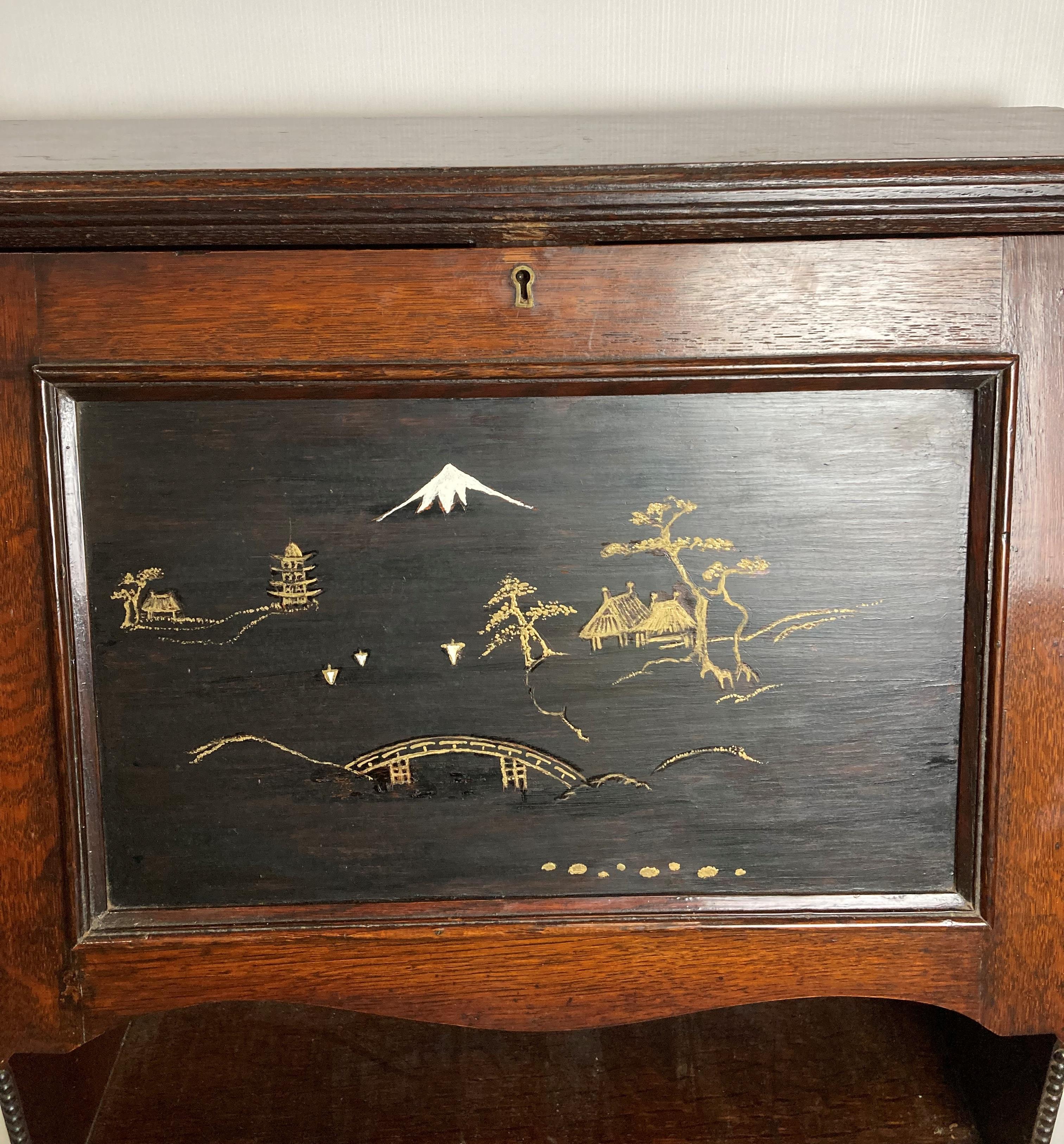 Mid-Century oak hall secretaire with hand-painted Oriental panel with drop-front over two shelves, - Image 2 of 5