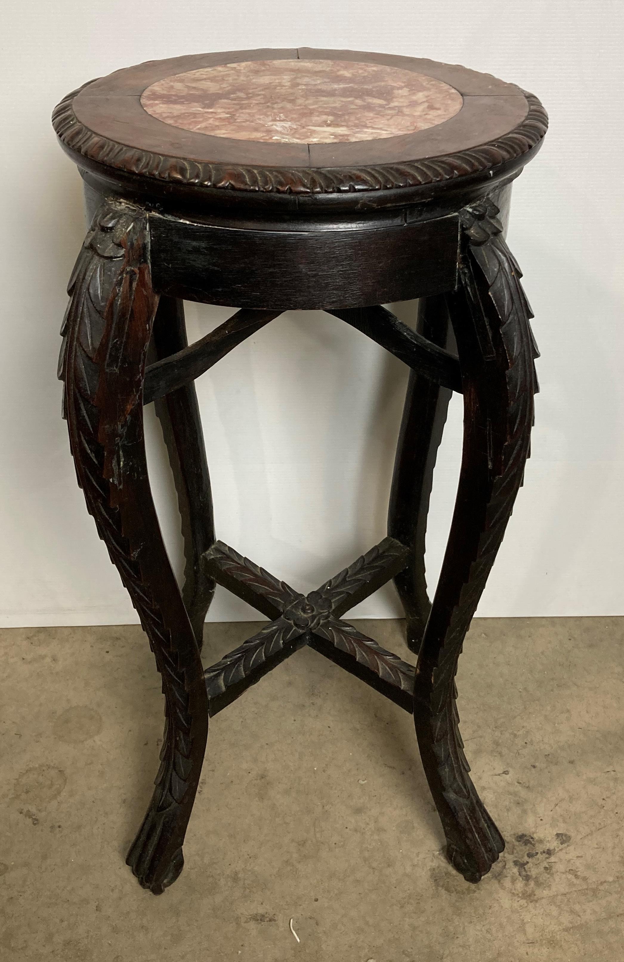 Oak hand-carved marble top Oriental plant stand/jardiniere with cross support to legs,