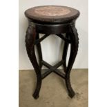 Oak hand-carved marble top Oriental plant stand/jardiniere with cross support to legs,