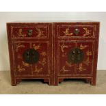Pair of Oriental red lacquered side cabinets with single drawer and two doors with gold butterfly