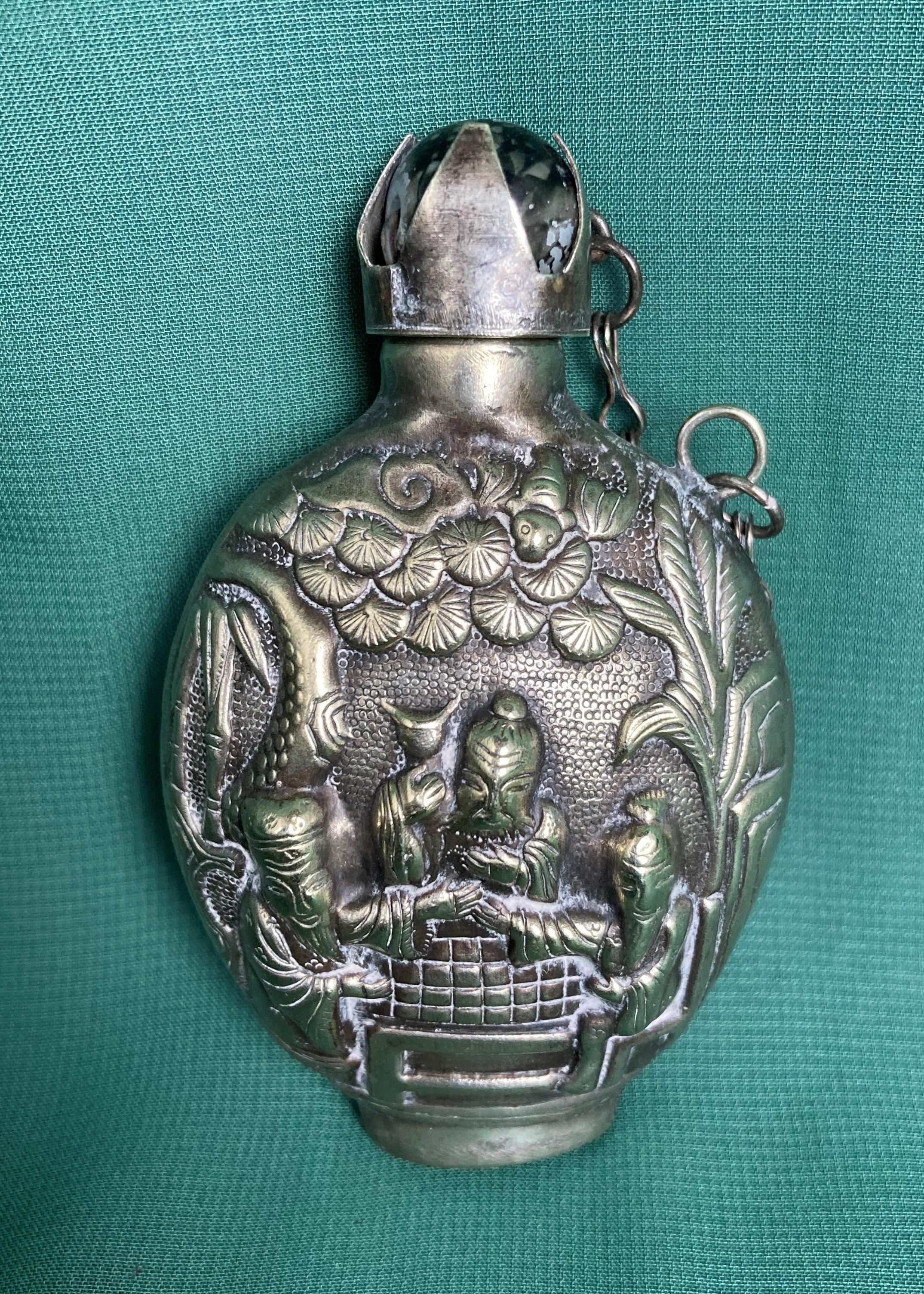 Oriental silver coloured (not tested) snuff/opium bottle with stamp to base,