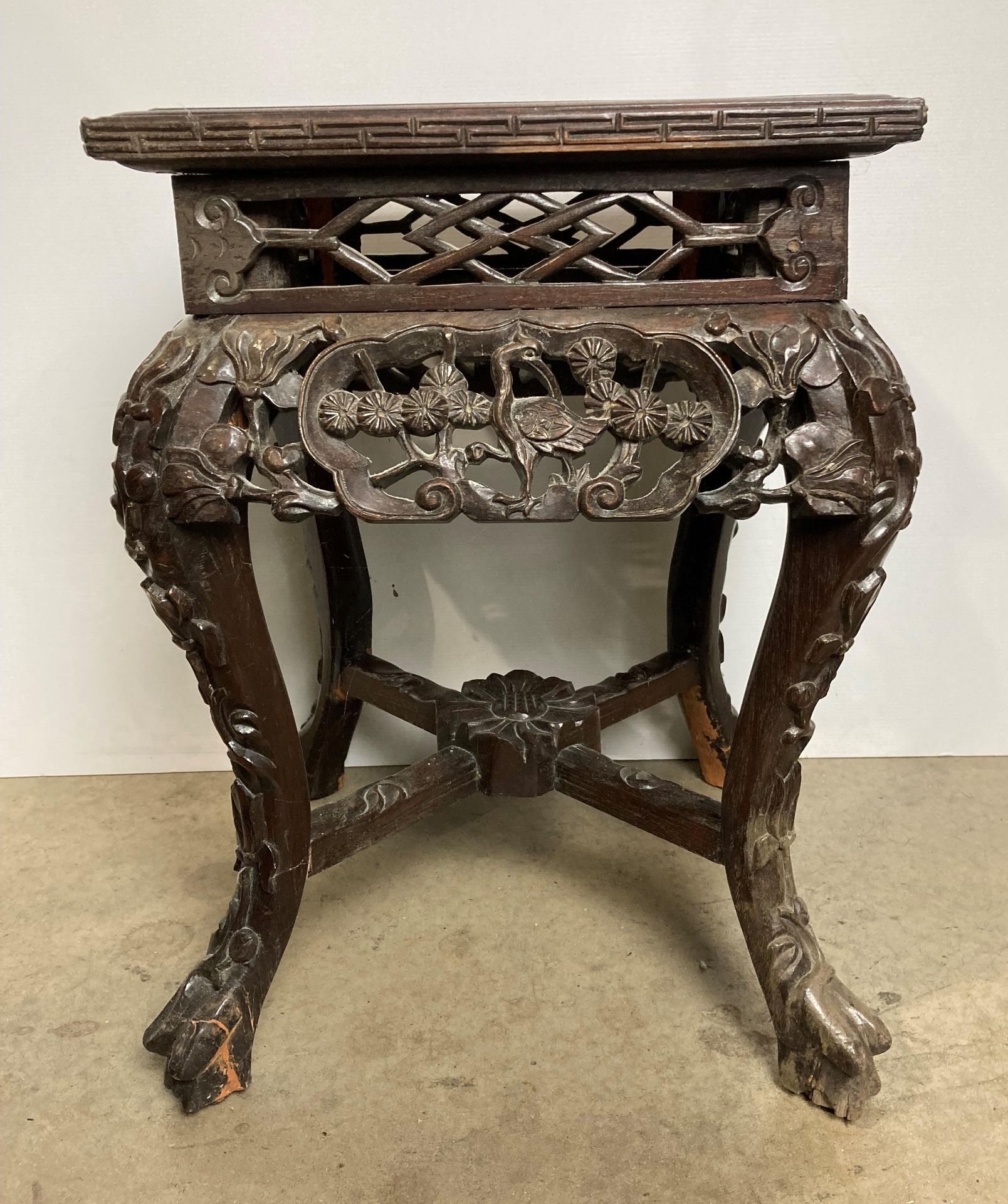 Oriental hand-carved square marble-top side table/jardiniere stand with hand-carved floral design, - Image 2 of 6