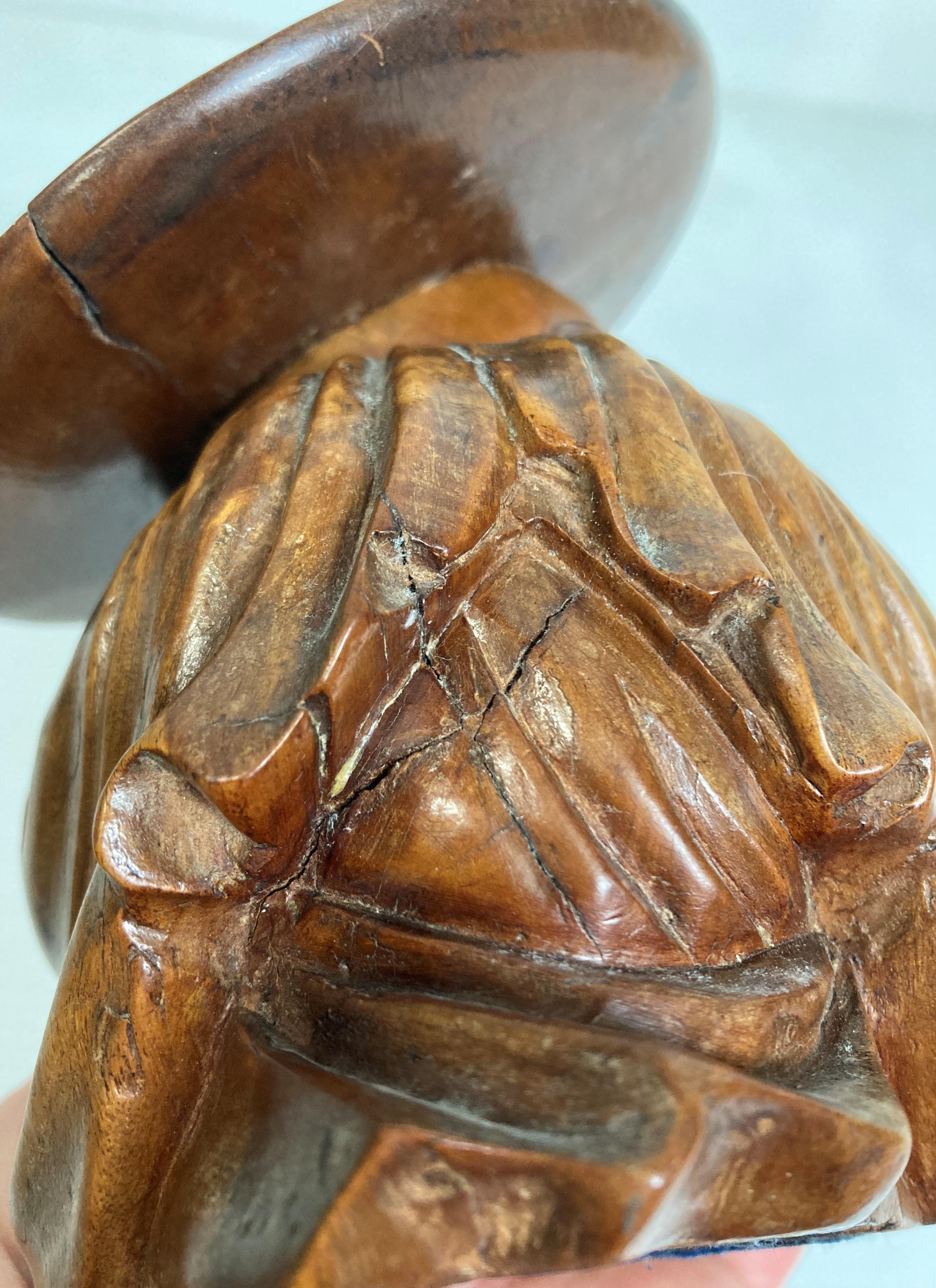 An Oriental wooden hand-carved figurine of sleeping man with engraved hat, - Image 7 of 7