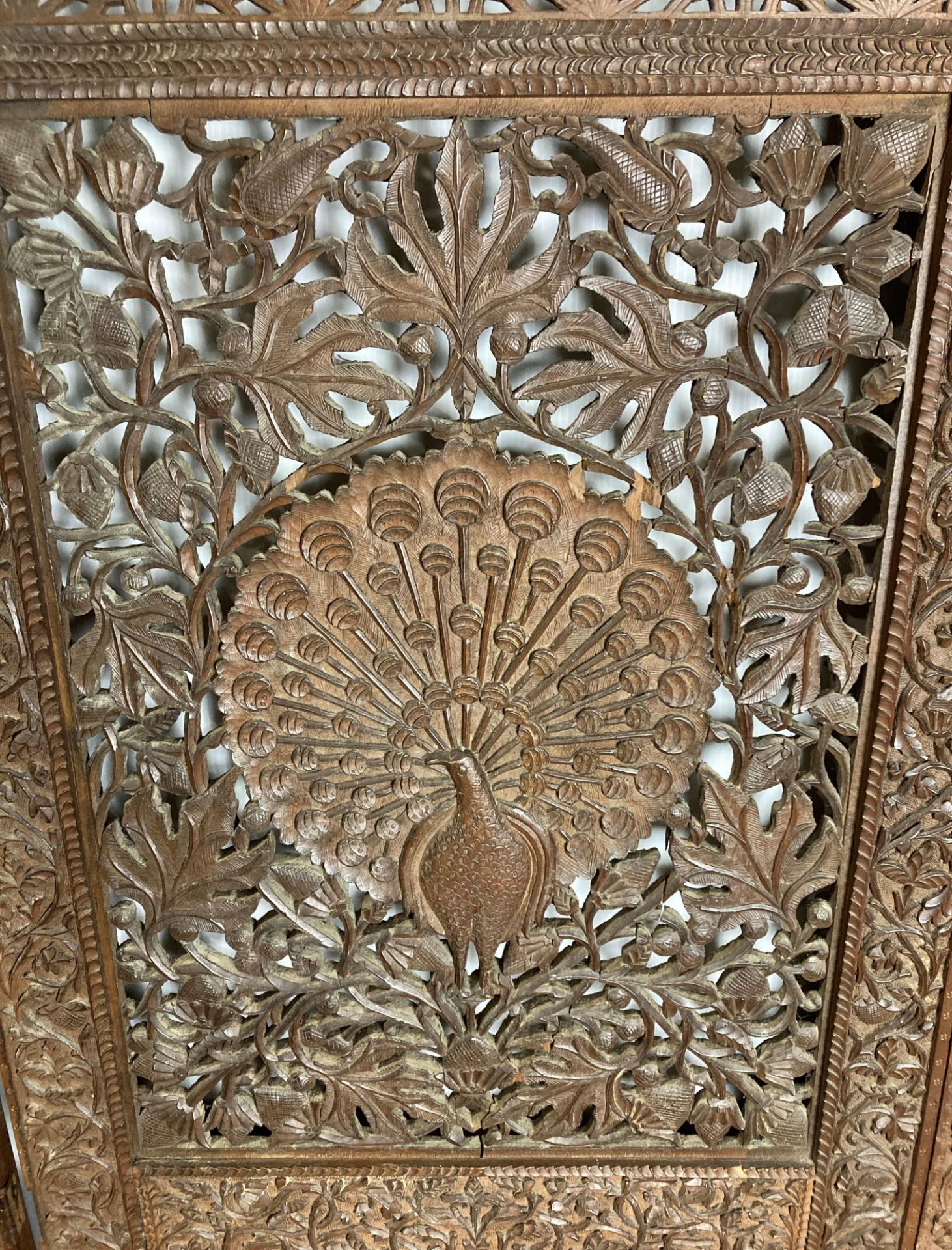 An Asian wooden hand-carved three-panel display screen with detailed peacock to each panel and - Image 7 of 13