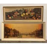 Two long framed prints including 'Cafe Quai' by R Folland Aexk (111cm x 41cm) and a fruit still