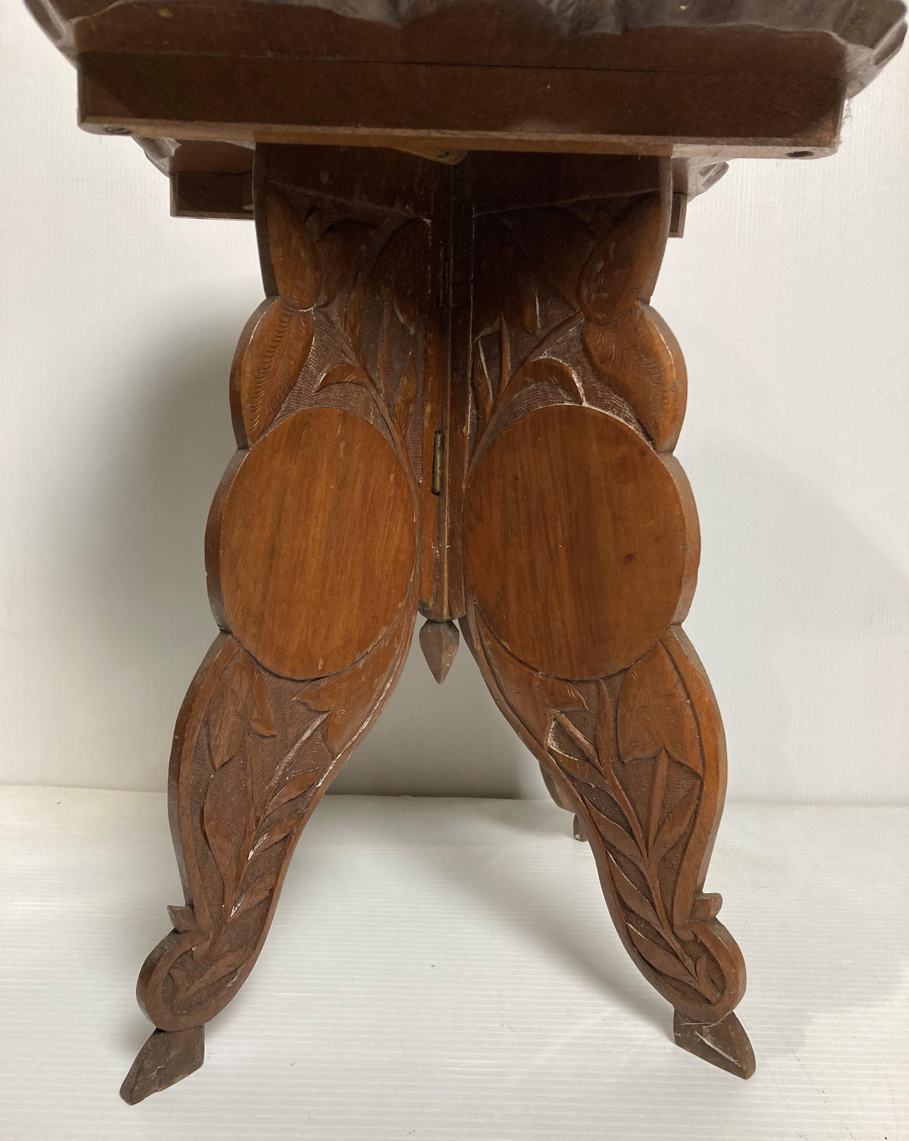 Anglo Indian carved folding table with lotus leaf-top (30cm x 30cm top - 40cm high) and three - Image 3 of 4