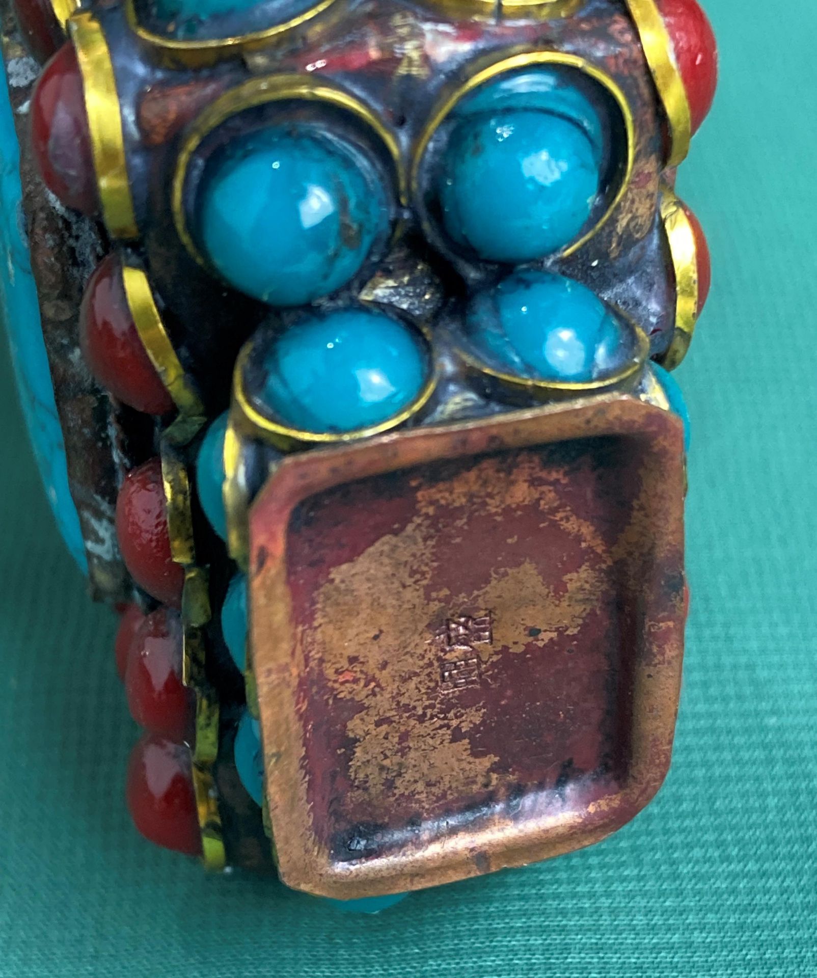 A Chinese/Tibetan hand-made metal work with deep red and turquoise coloured stones with stopper, - Image 7 of 7