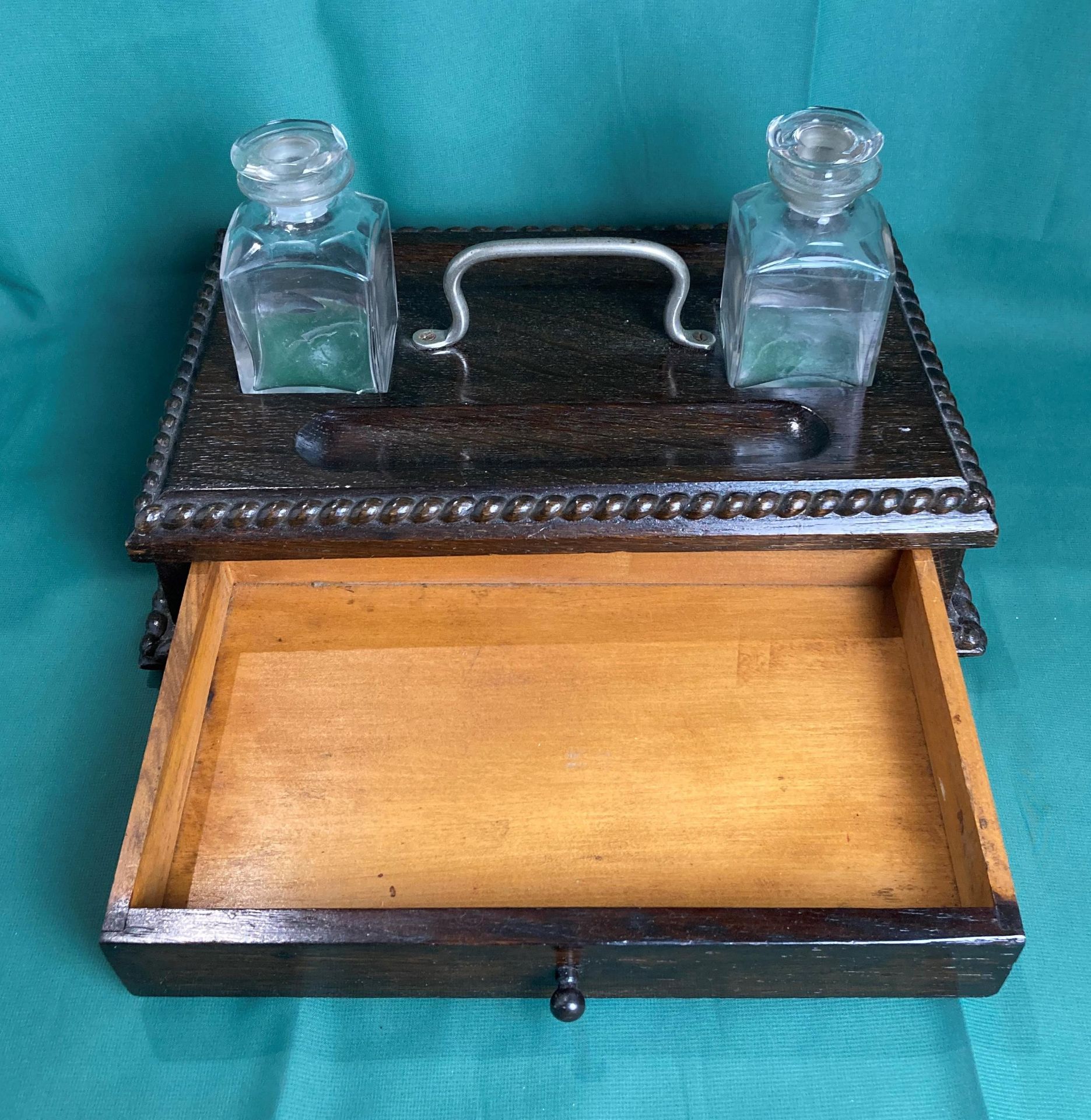 Mahogany double ink well stand with original glass bottles, both with stoppers and single drawer, - Image 2 of 3