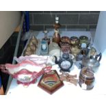 Contents to part of rack - 20 assorted items including vintage bottle warmer, wooden tea barrel,