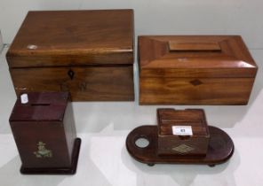 Four vintage wooden items including 1932 money box, light mahogany finished sarcophagus box,