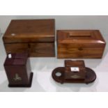 Four vintage wooden items including 1932 money box, light mahogany finished sarcophagus box,