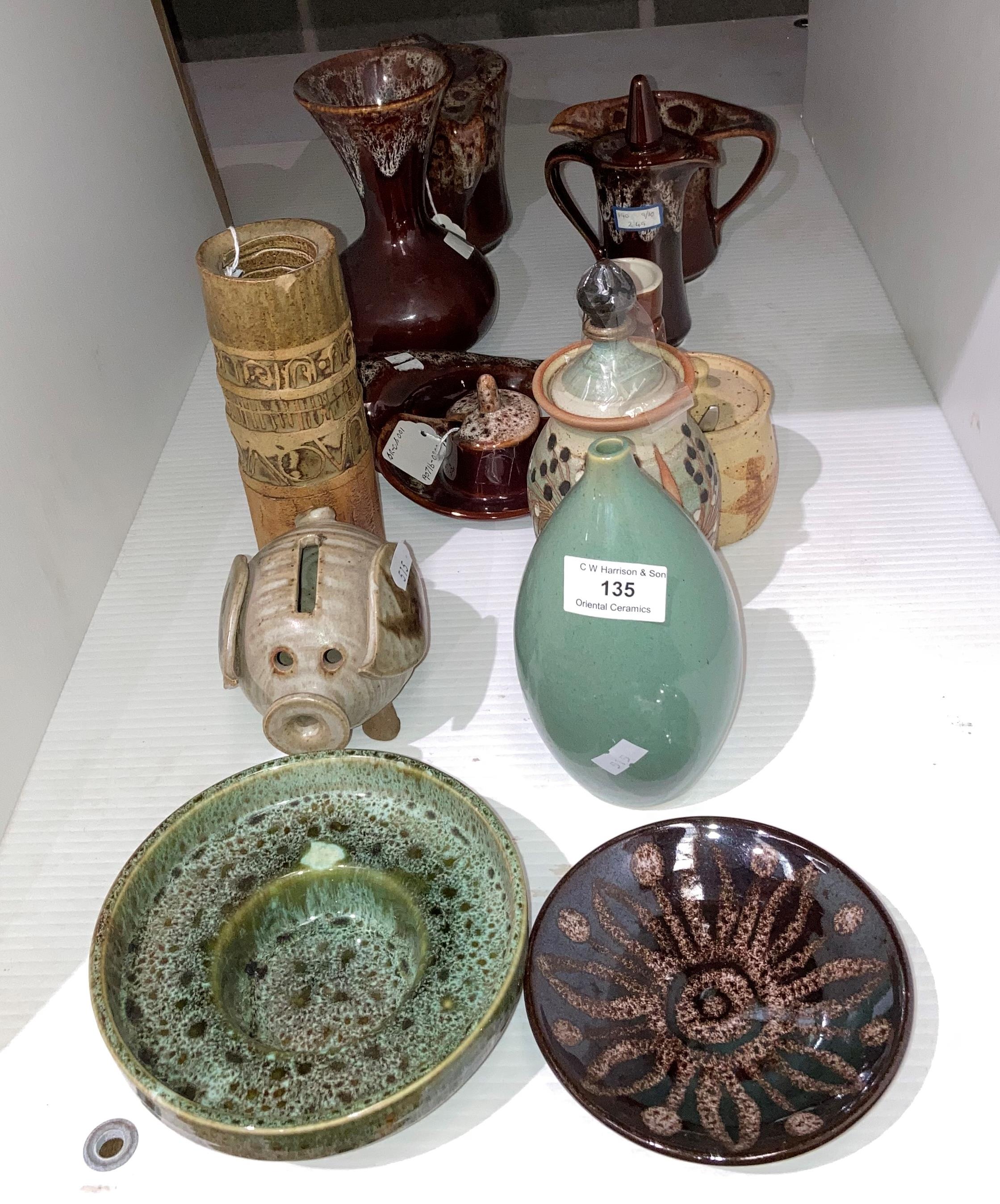 Thirteen assorted pottery and ceramics including brown glazed Devon ware,