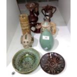 Thirteen assorted pottery and ceramics including brown glazed Devon ware,